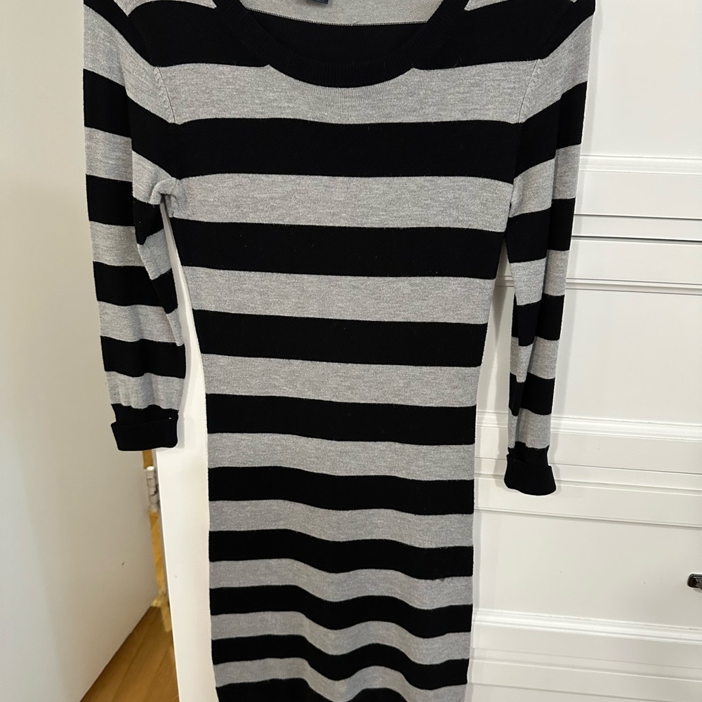 French Connection Black and Gray Striped Long Sleeve Dress